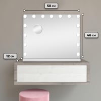 Bayt Hollywood Sminkasztal Tükör 58x46 cm LED Világítással - 18 Szabályozható Fényű Lámpa, 3 Fénymód, Érintőképernyő és 10x Nagyítótükör (Fe 5