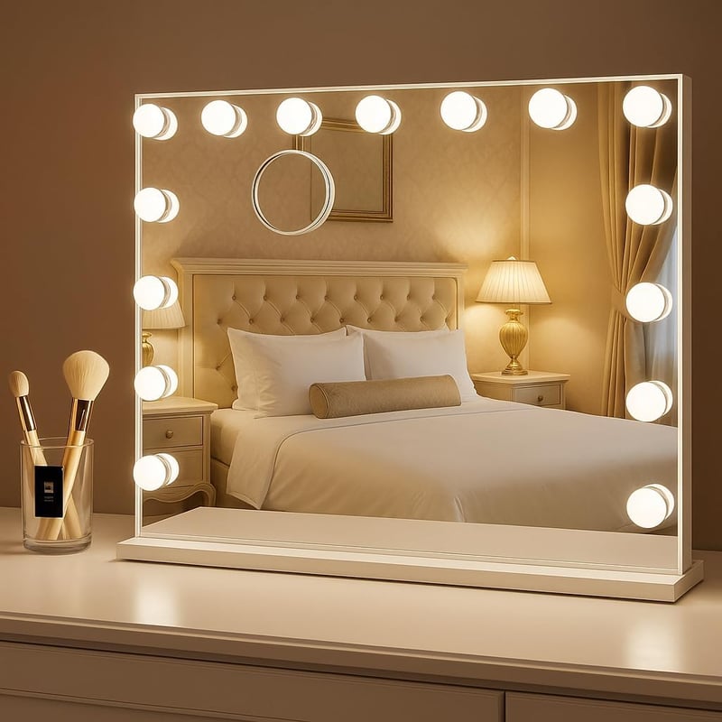 Bayt Hollywood Sminkasztal Tükör 58x46 cm LED Világítással - 18 Szabályozható Fényű Lámpa, 3 Fénymód, Érintőképernyő és 10x Nagyítótükör (Fe
