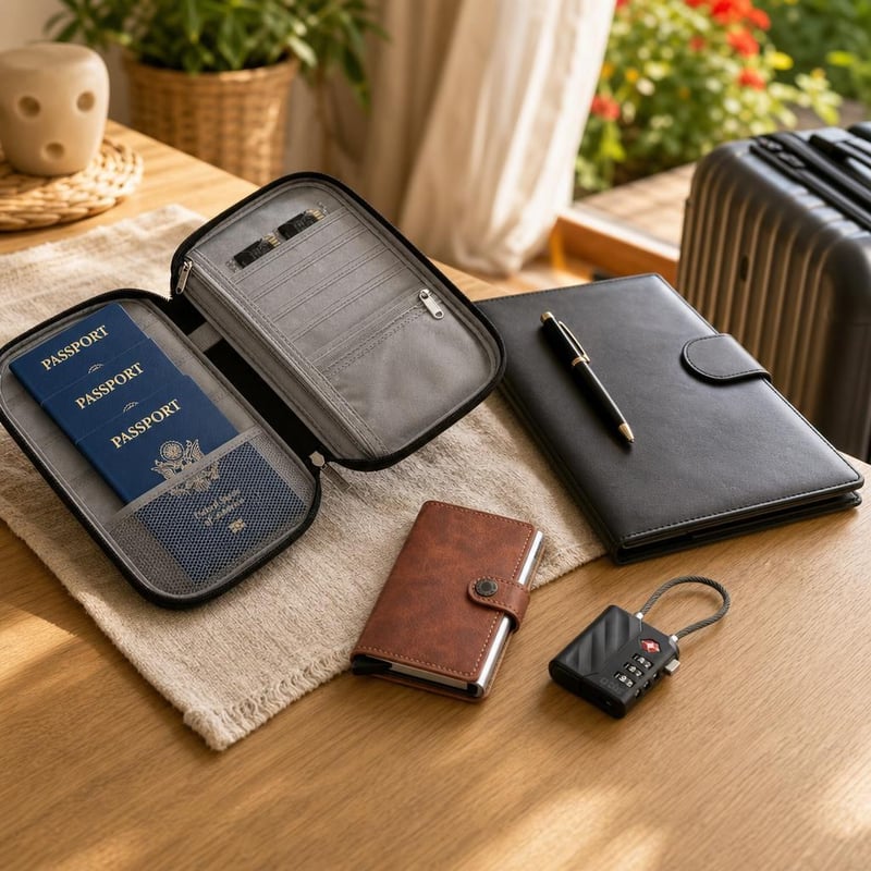Putni set za dokumente: etui za putovnice + RFID novčanik + FindMy TSA lokot + A4 mapa
