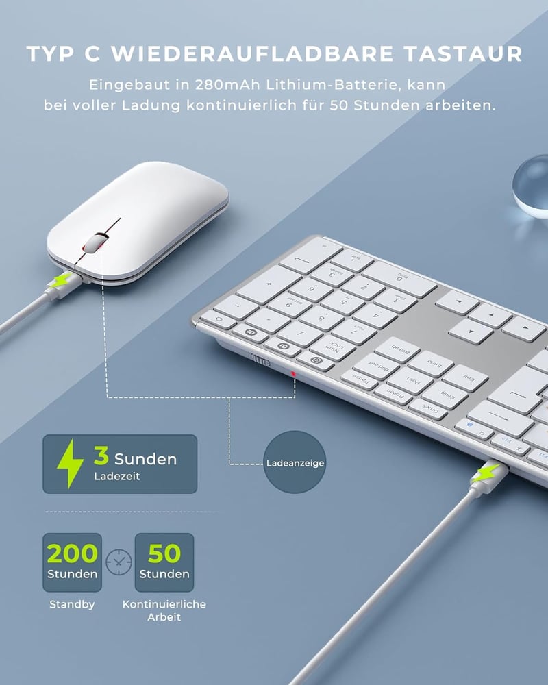 seenda Fém Bluetooth Billentyűzet és Egér Szett - Újratölthető Kettős Módú USB/BT Vezeték Nélküli QWERTZ Billentyűzet PC/Tablet/MacOS Eszköz