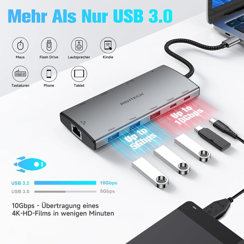 RSHTECH 11 az 1-ben MacBook Dokkoló - 8K/4K HDMI, USB 3.2/3.0, 100W PD, SD/TF, Gigabit Ethernet - Két Monitoros USB-C Hub Windows/Linux/Mac 
