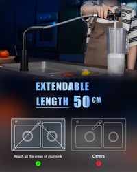 DAYONE Matt fekete konyhai csaptelep kihajtható zuhanyfejjel, 360° forgatható, kétfunkciós spray 3