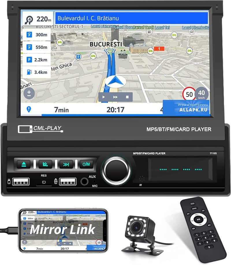 Hikity 7"-os motoros kijelzős 1DIN autórádió, Bluetooth, tolatókamera, Android/iOS tükrözés