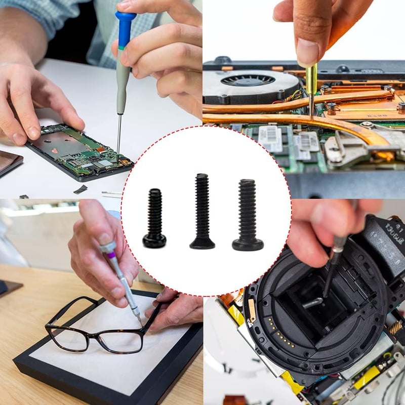 YIXISI 500 db-os mini csavar készlet M1.2-M2 méretben, óra és szemüveg javításhoz, fekete