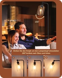 EDISHINE Állólámpa Forgatható Üveg Búrával - Fekete Ipari Padlólámpa Lábkapcsolóval, E27 Foglalattal, 6W LED Izzóval Nappaliba, Dolgozószobá 2