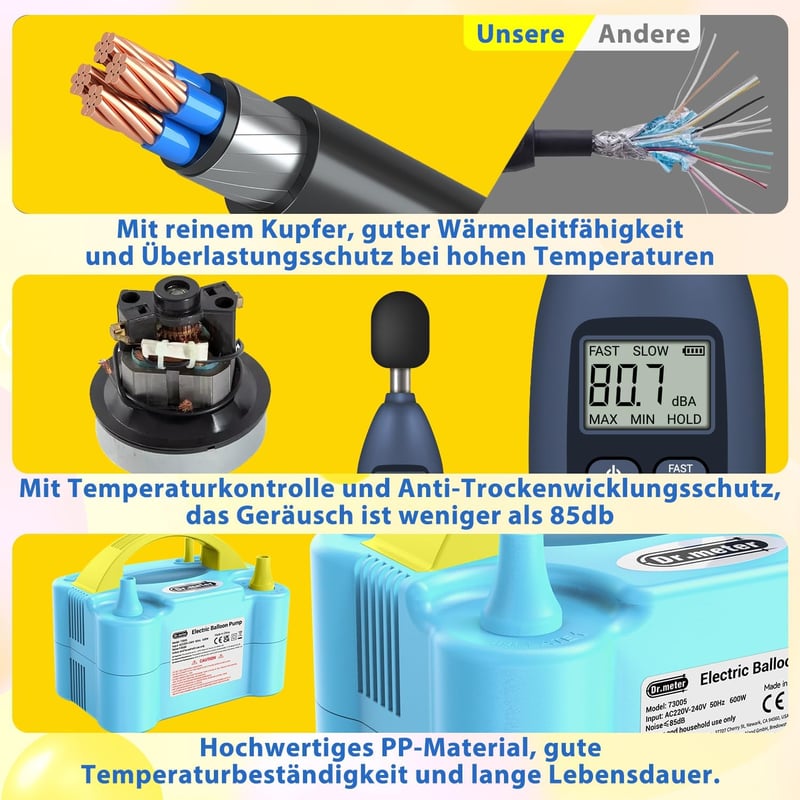 Dr.meter 600W Elektromos Léggömbpumpa Dupla Fúvókával - Kék, Hordozható Lufi Felfújó Partikhoz