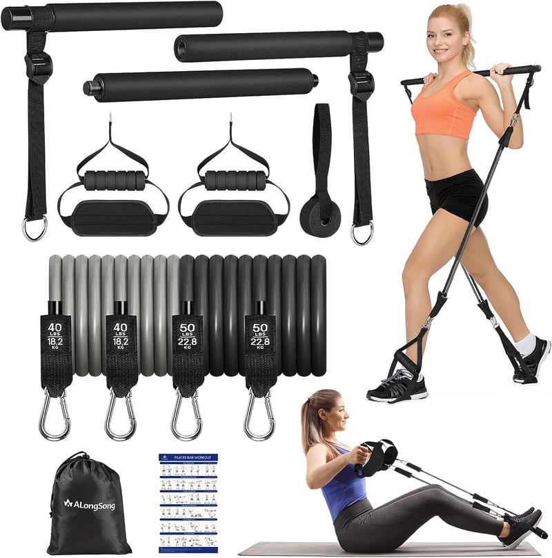 ALongSong Pilates rúd szett kezdőknek - 4 gumiszalaggal, ajtórögzítővel, otthoni edzéshez (Fekete)
