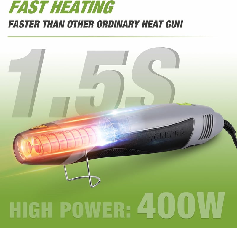 WORKPRO Mini Hőlégfúvó 400W - Kompakt Kézi Hőpisztoly 2 Hőfokozattal (300°C/500°C), Terelőfúvókával és Összecsukható Állvánnyal Barkácsolásh