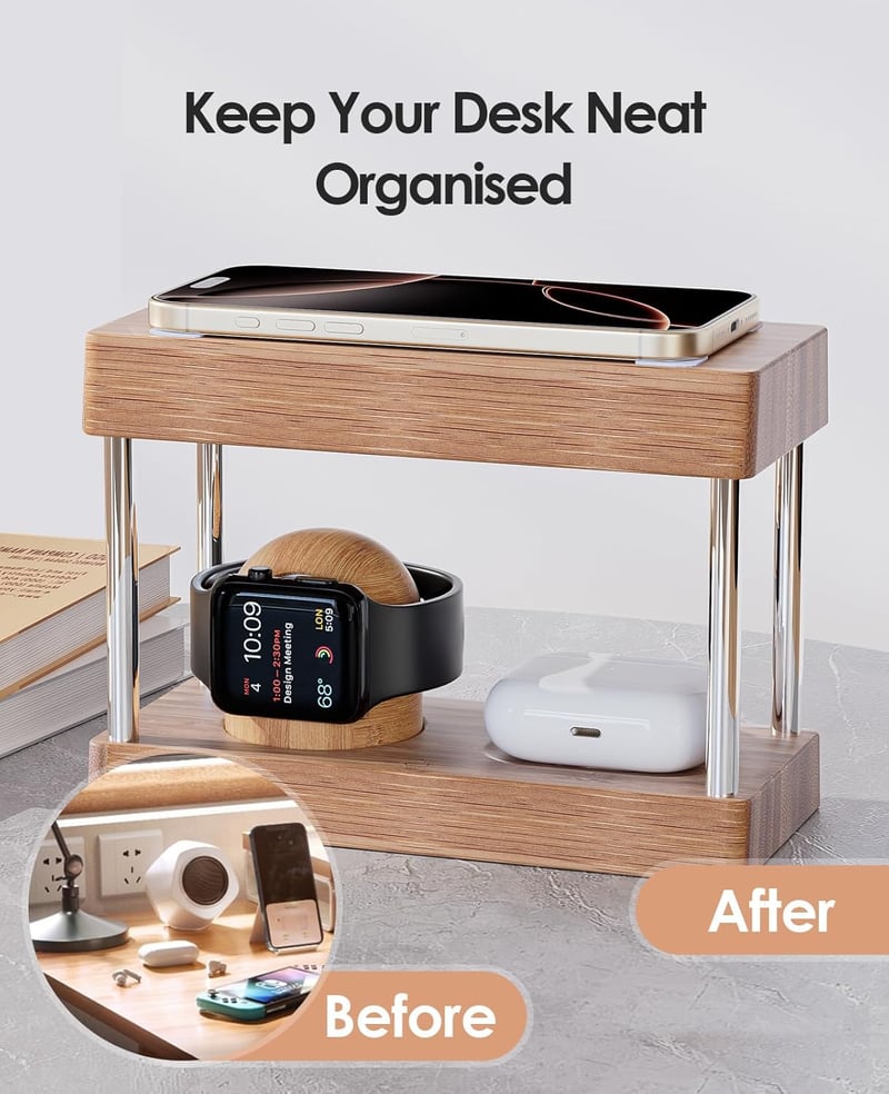 Alltripal 4-in-1 Vezeték Nélküli Éjjeli Lámpa Töltőállomás - iPhone/Apple Watch/AirPods Töltő Fa Dizájnnal, 3 Színhőmérséklet, Állítható Fén
