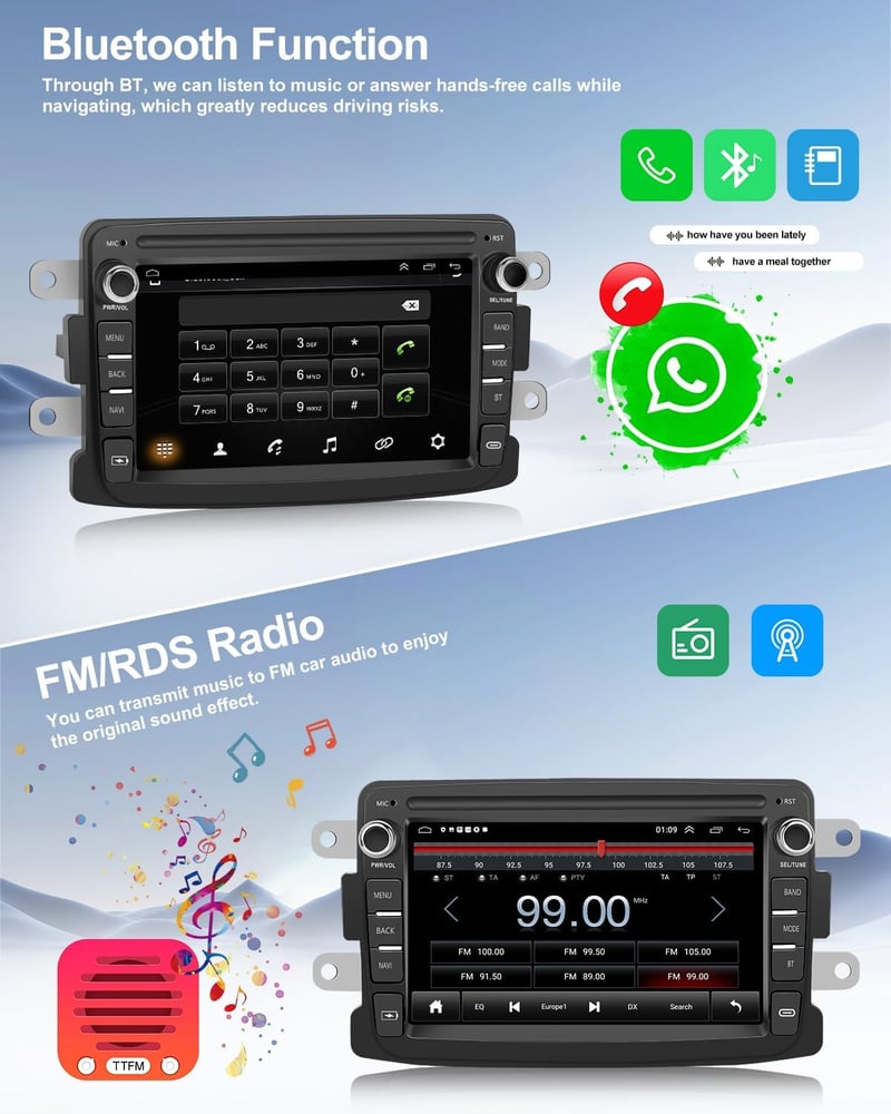 CAMECHO Android 13 Autórádió Renault Dacia Logan Duster Sandero Lodgy Capture Lada Xray - 7" Dupla DIN Bluetooth Navigáció CarPlay MirrorLin