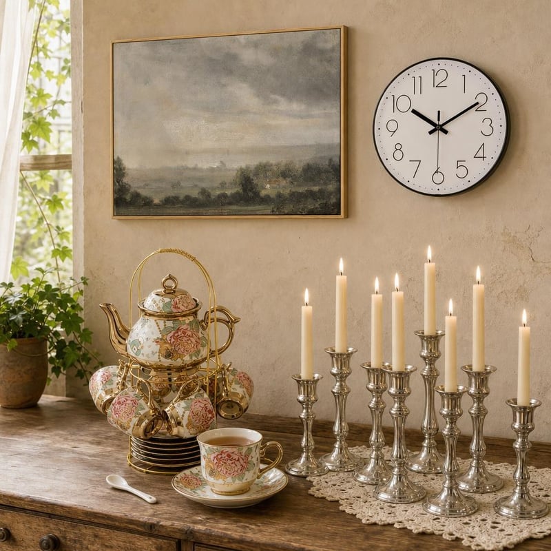 Nosztalgikus teasarok: vászon falikép + falióra + porcelán teáskészlet + 10 db ezüst gyertyatartó