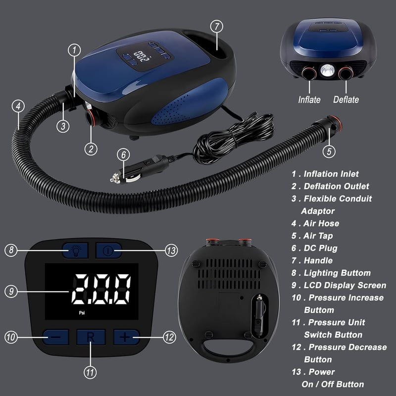 Ruitx Elektromos SUP Pumpa 20PSI - 12V Autós Nagynyomású Levegőpumpa Automata Kikapcsolással Kajakokhoz, Matracokhoz, Vízi Sportokhoz - blue, /
