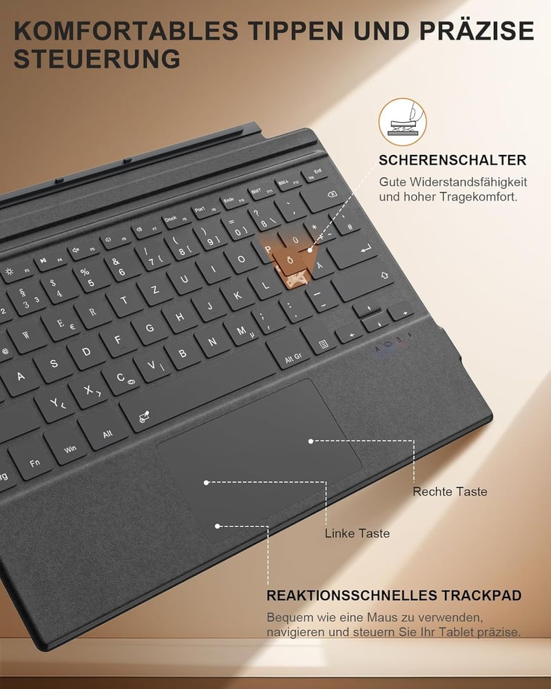 MoKo Bluetooth Érintőpados Billentyűzet Microsoft Surface Pro 7+/7/6/5/4/3 Készülékekhez - QWERTZ Kiosztás, Újratölthető Akkumulátor, Szürke