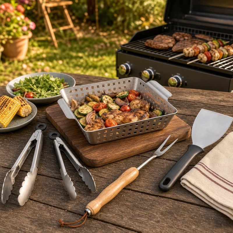 Kertparti grillmentő készlet: 2 db hőálló csipesz + kihúzható grillvilla + grill spatula + grillkosár