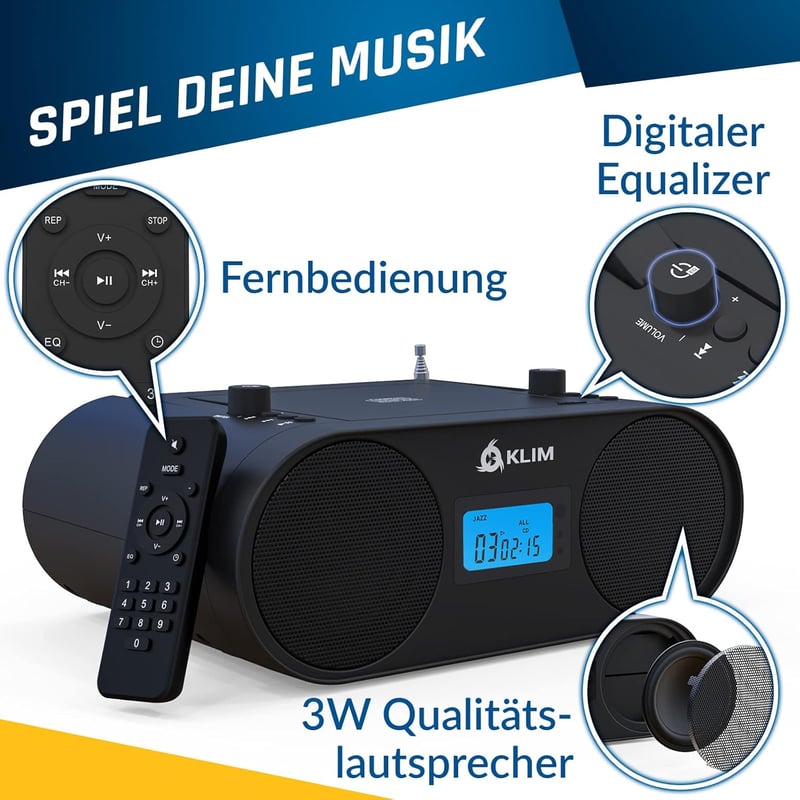 KLIM Boombox B4 Hordozható CD Lejátszó AM/FM Rádióval, Bluetooth, USB, MP3, AUX Funkcióval, Újratölthető Akkumulátorral és Távirányítóval, F