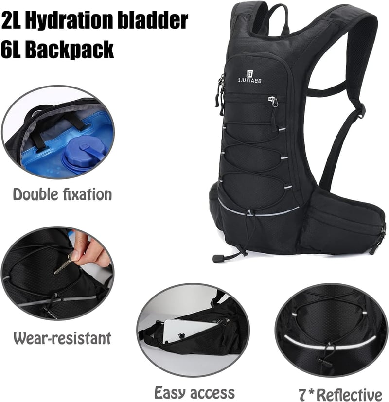 BBAIYULE Hidratációs Hátizsák 2L Víztartállyal - Futás Kerékpár MTB Túrázás Fekete Nylon Unisex Sporthátizsák 3 Zsebbel