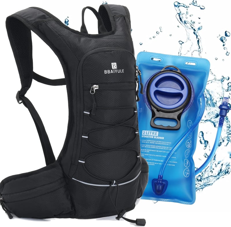 BBAIYULE Hidratációs Hátizsák 2L Víztartállyal - Futás Kerékpár MTB Túrázás Fekete Nylon Unisex Sporthátizsák 3 Zsebbel