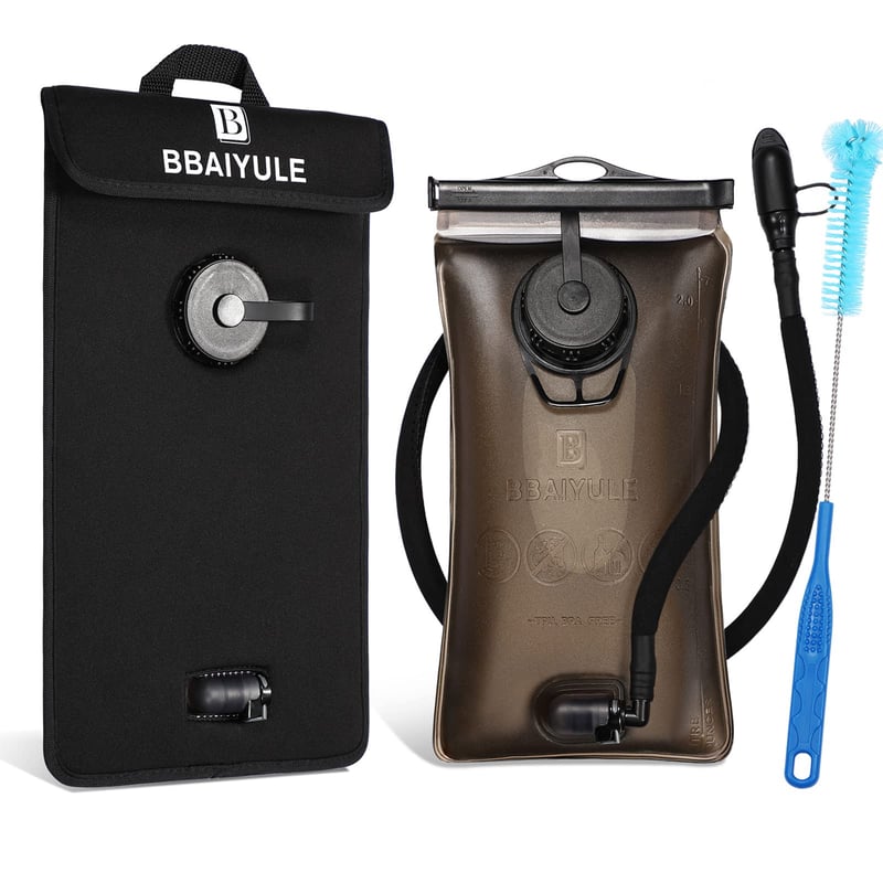 BBAIYULE Hydratačný vak 2 l, BPA-free a bez pachute, s izolovaným obalom a kefkou, 2 otvory, vhodný na beh, čierny