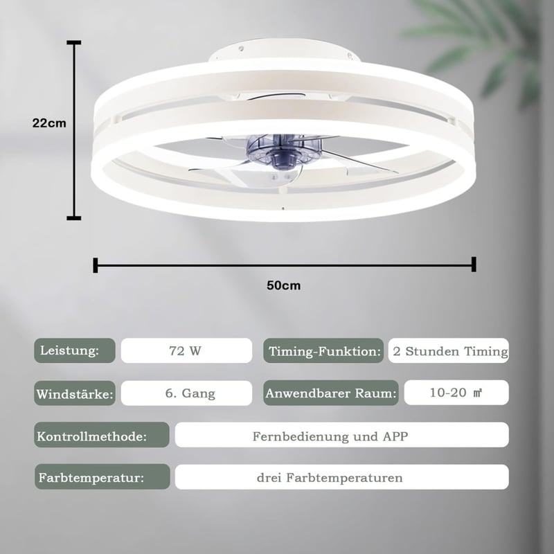 Revneey Mennyezeti Ventilátor Lámpával - 72W Szabályozható LED, Távirányítóval és Applikációval, 6 Sebességű, Időzítővel, Hálószobába, Nappa
