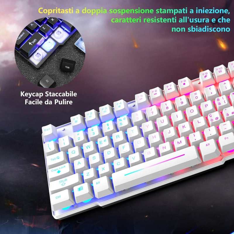 ZIYOU LANG Gamer Billentyűzet és Egér Szett - Fehér, RGB LED Háttérvilágítás, 2400 DPI, Vízálló, 6 Gombos Egér, Egérpad, USB, PS4/Xbox Kompa