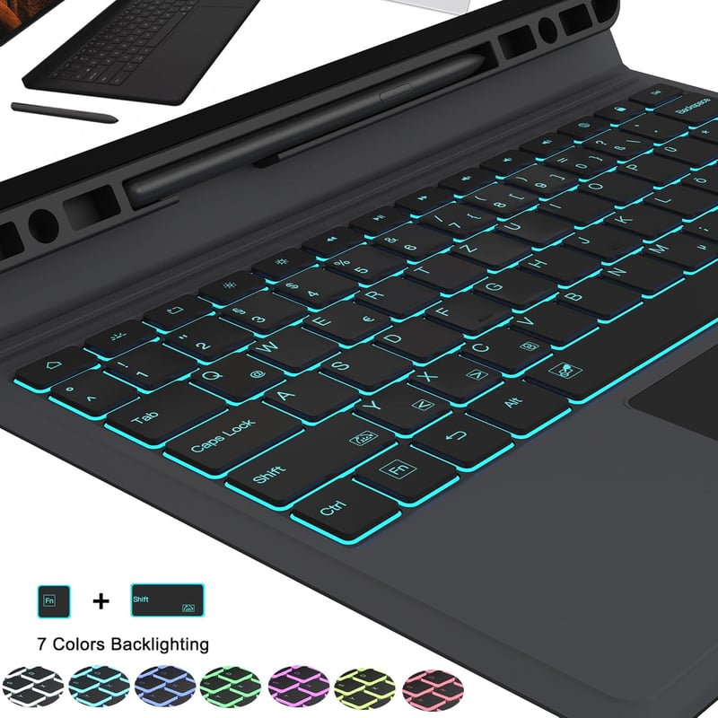 ROOFEI Billentyűzetes Tok Samsung Galaxy Tab S7 FE/S8+/S7+ 12,4" Tablethez - QWERTZ, 7 Színű Háttérvilágítás, Állvány, S Pen Tartó