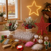 Mini set Crăciun: 2 brazi artificiali + 25 globuri umplute + 50cm LED stea + vârf brad glitter roșu 1