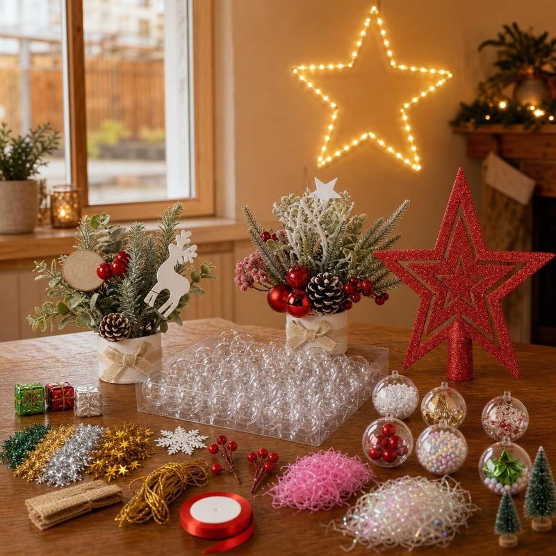 Mini set Crăciun: 2 brazi artificiali + 25 globuri umplute + 50cm LED stea + vârf brad glitter roșu