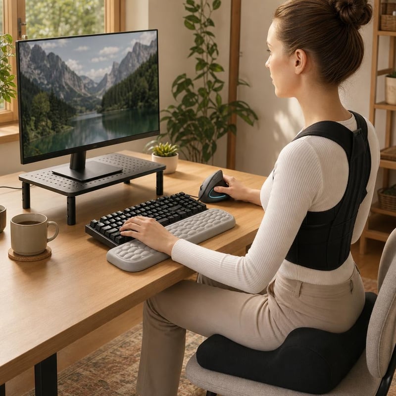 Ergonomski uredski set: vertikalni miš + oslonac za zglob + korektor držanja + stalak + jastuk
