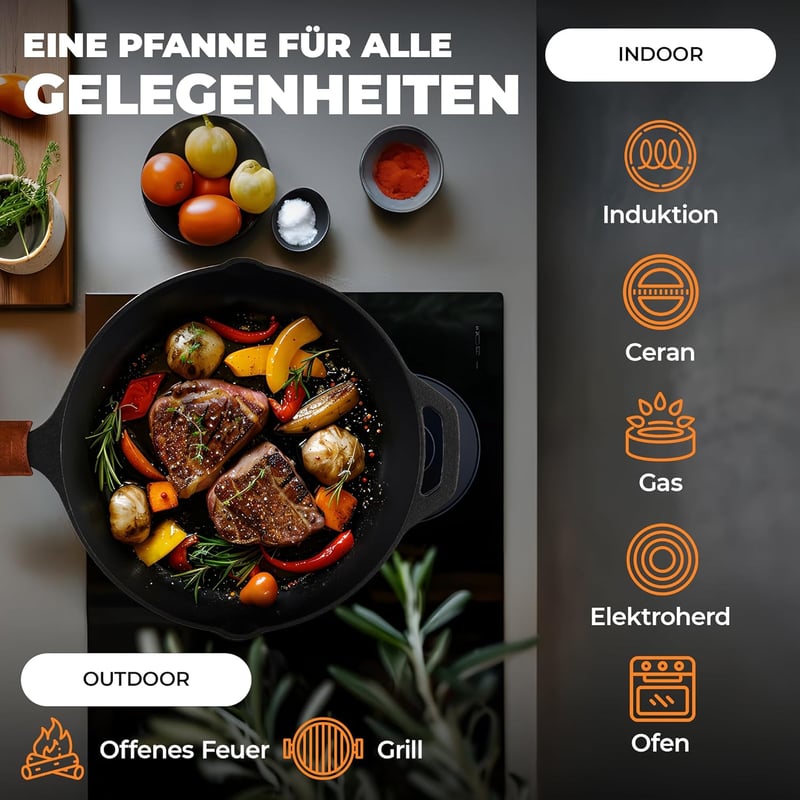 BBQ Ben 30 cm-es öntöttvas grill serpenyő indukciós tűzhelyre, sütőbiztos