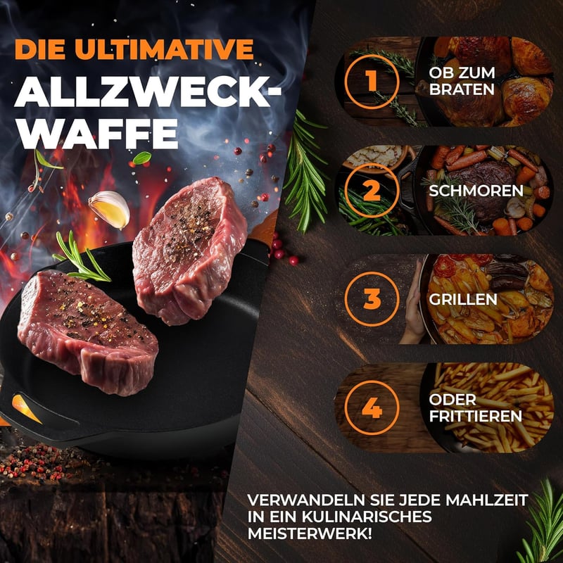 BBQ Ben 30 cm-es öntöttvas grill serpenyő indukciós tűzhelyre, sütőbiztos