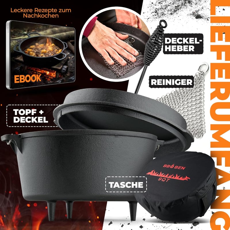 BBQ Ben 9 literes öntöttvas fazék lábakkal, táskával és kiegészítőkkel