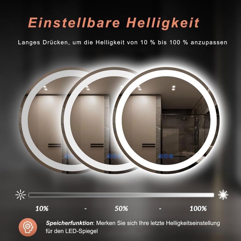 BBTEQEKN Kerek Fürdőszobai LED Tükör Órával 60 cm - Érintőkapcsolós, Fényerőszabályozós, 3 Színhőmérsékletű, Páramentesítő Funkcióval