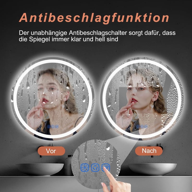 BBTEQEKN Kerek Fürdőszobai LED Tükör Órával 60 cm - Érintőkapcsolós, Fényerőszabályozós, 3 Színhőmérsékletű, Páramentesítő Funkcióval