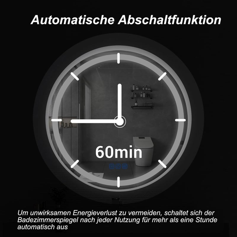 BBTEQEKN Kerek Fürdőszobai LED Tükör Órával 60 cm - Érintőkapcsolós, Fényerőszabályozós, 3 Színhőmérsékletű, Páramentesítő Funkcióval