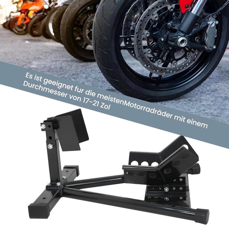 BBTEQEKN Univerzális Motorkerékpár Első Kerék Rögzítő Állvány - 17-21 Colos Kerekekhez, Önzáró Rendszer, Fekete, Tároláshoz és Karbantartásh