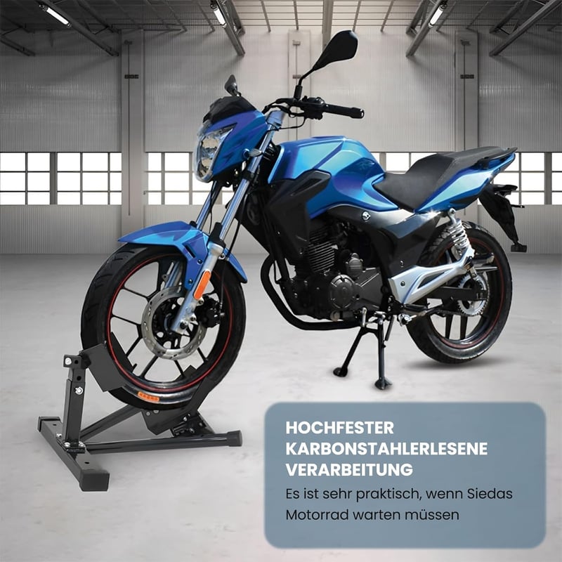 BBTEQEKN Univerzális Motorkerékpár Első Kerék Rögzítő Állvány - 17-21 Colos Kerekekhez, Önzáró Rendszer, Fekete, Tároláshoz és Karbantartásh