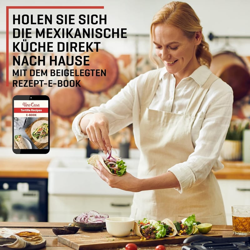 Uno Casa 20 cm-es Mexikói Tortillaprés - Előkezelt Öntöttvas Taco és Quesadilla Készítő 100 db Sütőpapírral