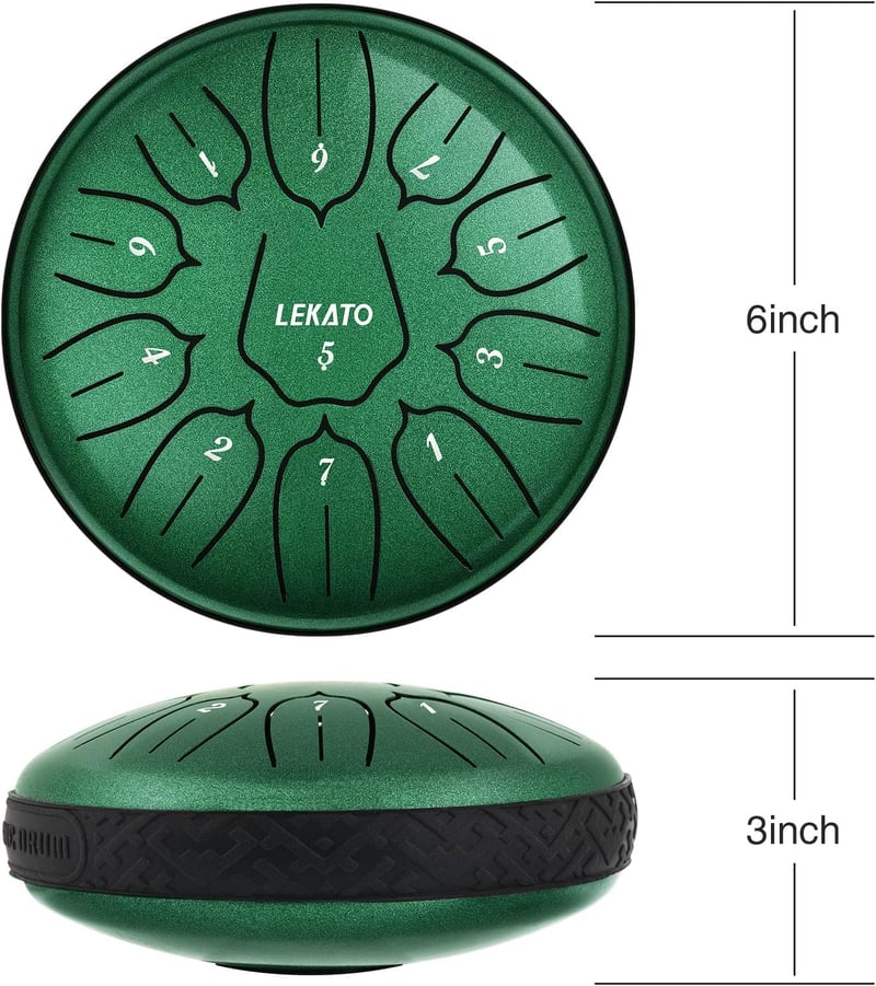 LEKATO 6 Inch Acél Nyelvdob 11 Hanggal D Kulcsban Handpan Esődob Gyógyító Hangokkal Zöld