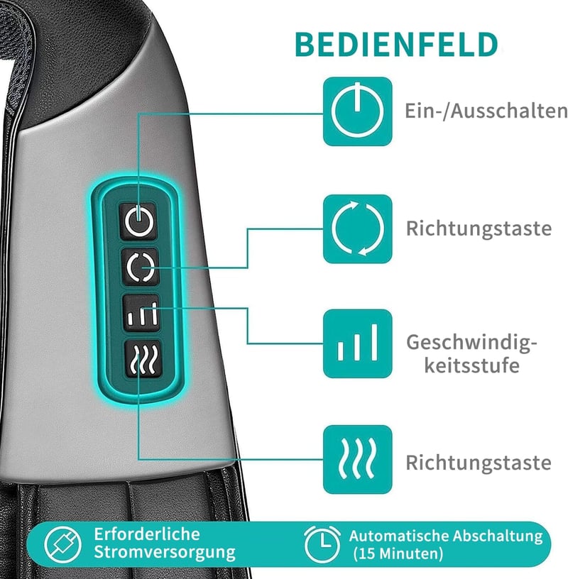 Nekteck Shiatsu Masszírozó Párna Melegítő Funkcióval - Nyak, Váll, Hát és Derék Masszázs Autóban és Irodában, Sebességszabályzóval, Fekete - Black
