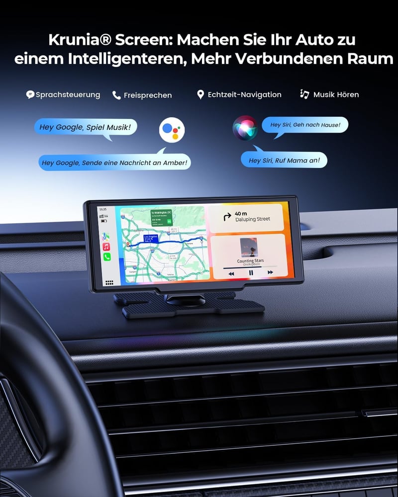 Krunia 8,1" Vezeték Nélküli Hordozható Autós Kijelző 60FPS - Apple CarPlay & Android Auto Támogatás, Tolatókamera, GPS Navigáció, Hangvezérl