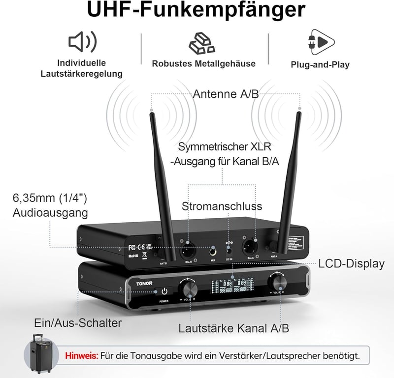 TONOR TW450 Vezeték Nélküli Mikrofon Szett - Duál Karaoke Mikrofon 60m Hatótávval, 5 Csatornával, Vevőegységgel Esküvőre, Előadásokhoz, Szür - Grey and grey