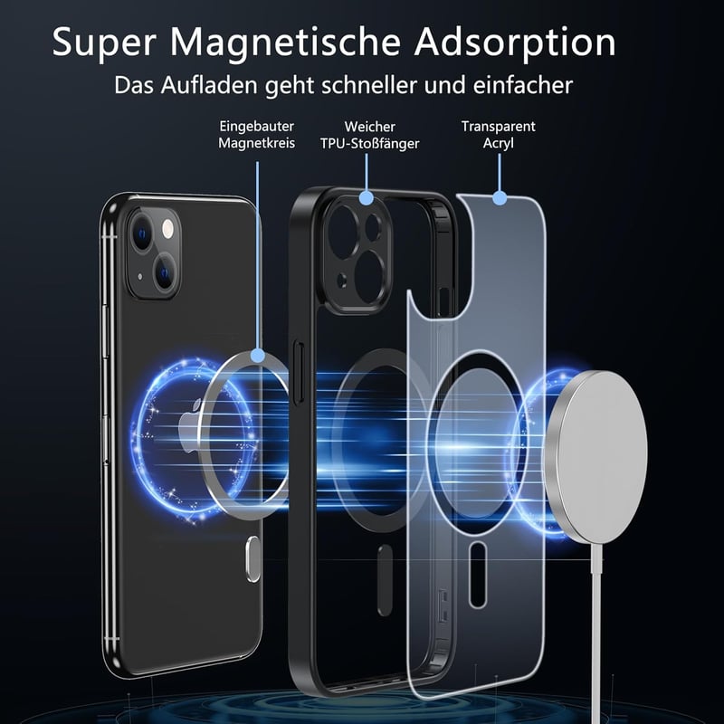 iPhone 13 MagSafe-kompatibilis ütésálló tok, kameravédővel és edzett üveggel - Fekete
