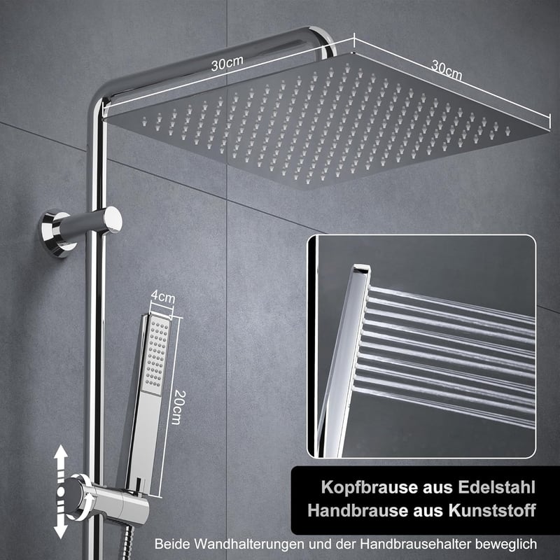 Görbach Esőztető Zuhanyszett 30x30 cm Polccal - Króm Fali Zuhanyrendszer Rozsdamentes Acélból, Csaptelep Nélkül
