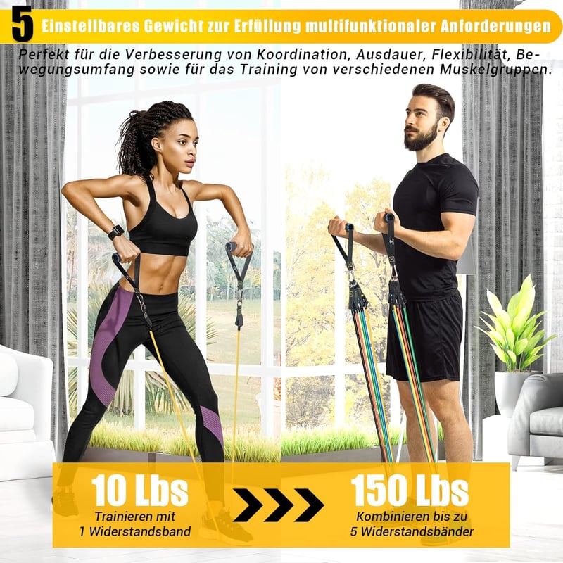 COFOF Ellenállás Gumiszalag Készlet 5 Színben - 150 lbs Erősítő Edzőszalag Szett Fogantyúval, Bokapánttal, Ajtórögzítővel - Pilates, Erőnlét