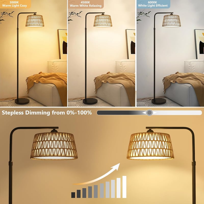 Rayofly Állólámpa Távirányítóval - Rattan Boho Állólámpa LED Izzóval, Alkalmazásvezérléssel, Rattan és Lenvászon Lámpaernyővel Nappali és H