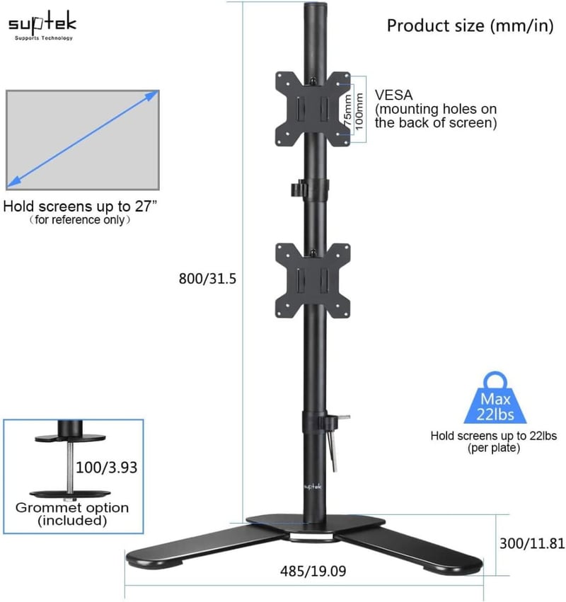 SUPTEK Dupla Monitorállvány 13-27" LED/LCD Képernyőkhöz, 80cm Magas, Állítható VESA