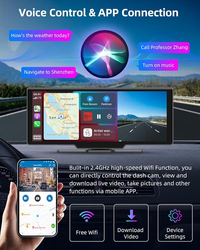 Jansite 10,26" Vezeték Nélküli CarPlay Android Autós Kijelző 2.5K Fedélzeti Kamerával, Tolatókamerával, Bluetooth, Mirror Link, 64GB TF Kárt