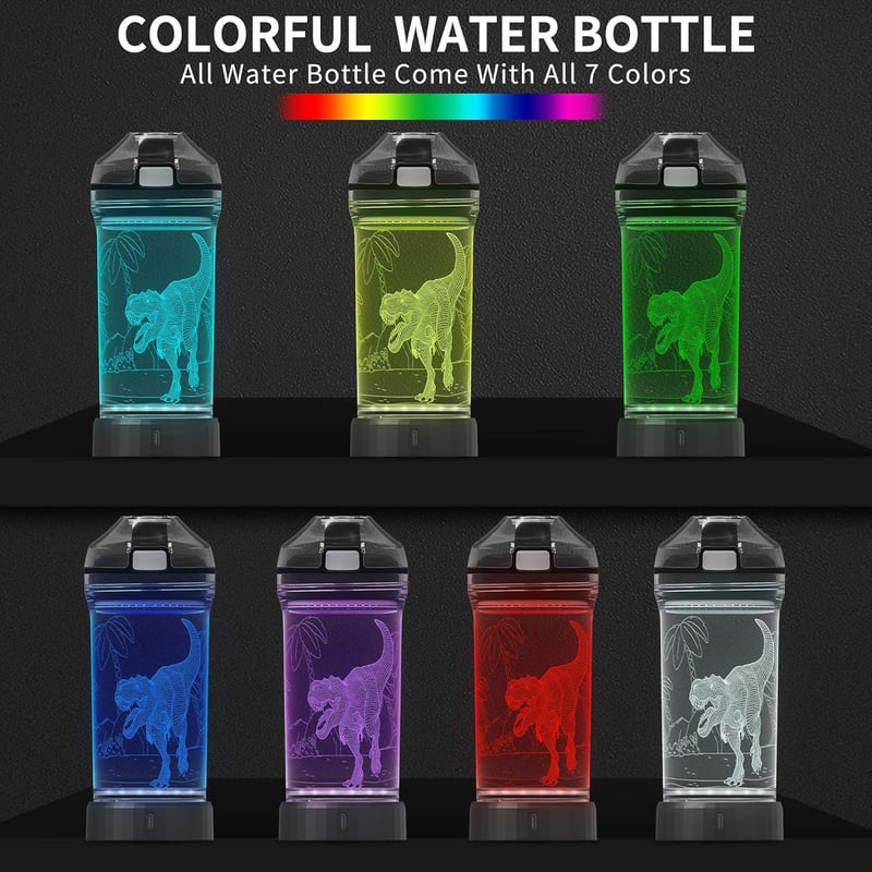 Lightzz Dinoszaurusz Gyerek Kulacs 3D LED Világítással - 14oz/397ml BPA-mentes Tritan - Iskolai, Túra, Kemping Ivópalack Fiúknak 3-15 Évesek
