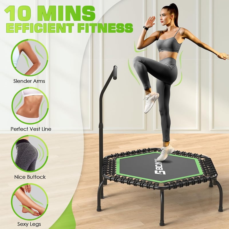 BCAN Fitness Trambulin 250 kg Teherbírással, 123 cm Átmérőjű, Állítható Kapaszkodóval, Csendes Rugózással, Beltéri/Kerti Edzéshez, Felnőttek