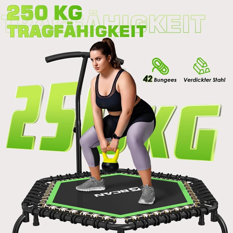 BCAN Fitness Trambulin 250 kg Teherbírással, 123 cm Átmérőjű, Állítható Kapaszkodóval, Csendes Rugózással, Beltéri/Kerti Edzéshez, Felnőttek